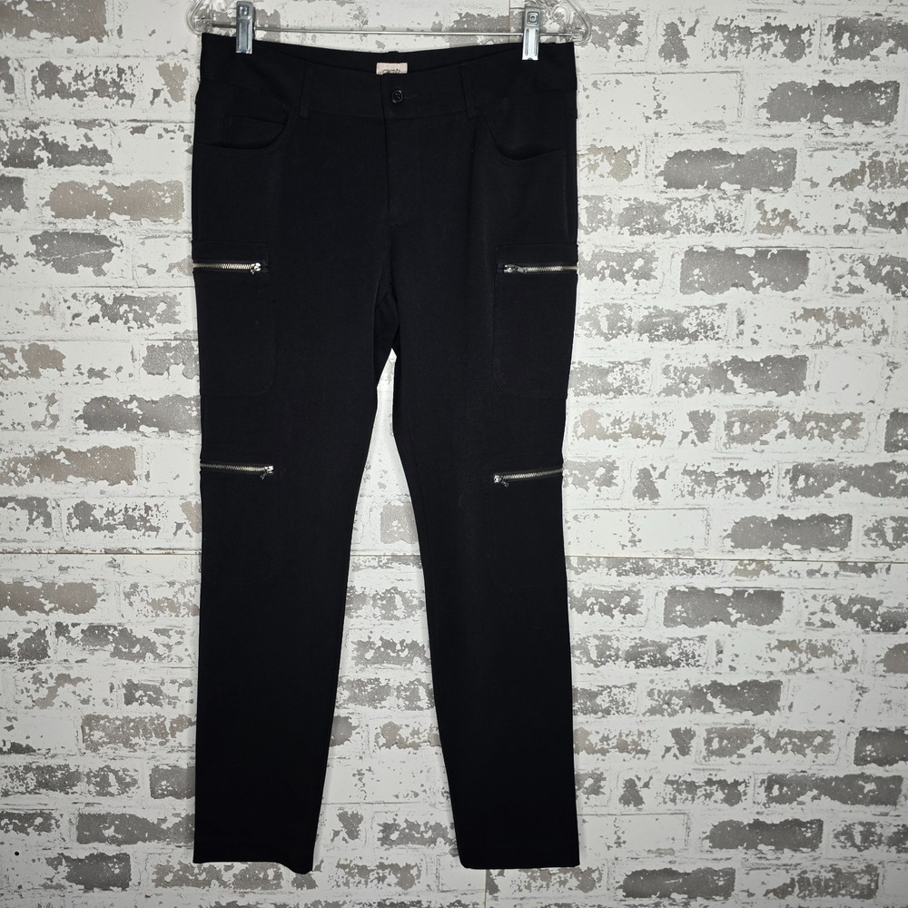 Cache Pants Womens 4 Black Ponte Stretch Zipper Pockets Straight Leg Preppy Boho
